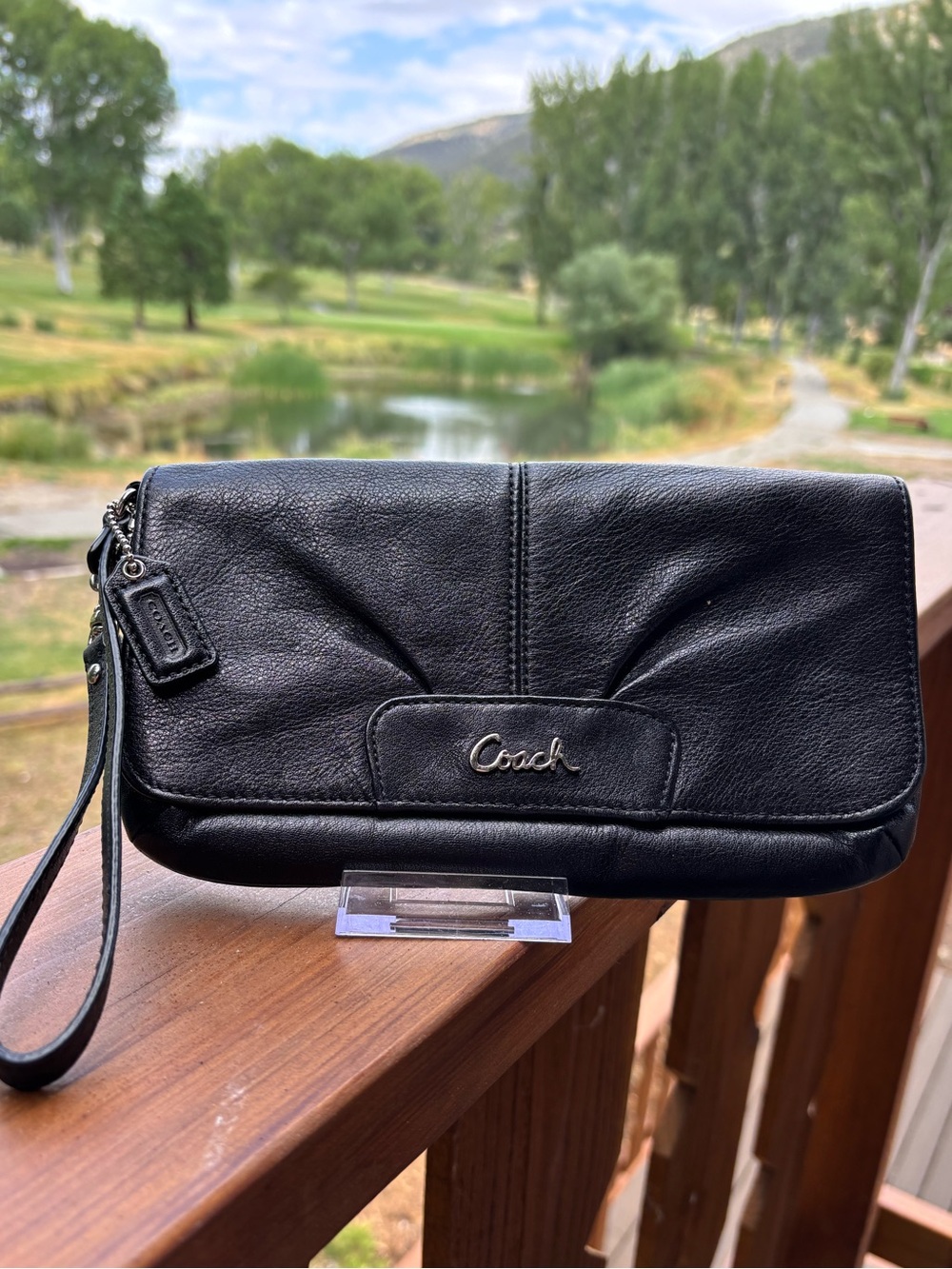 Vintage Coach Black Leather Wristlet Clutch with Logo tag and Hardware